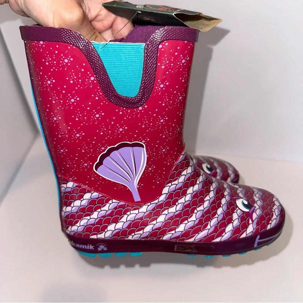 Kamik Girl’s 3 Purple Pink Bubblez Fish Pull On Reflective Waterproof Rainboots